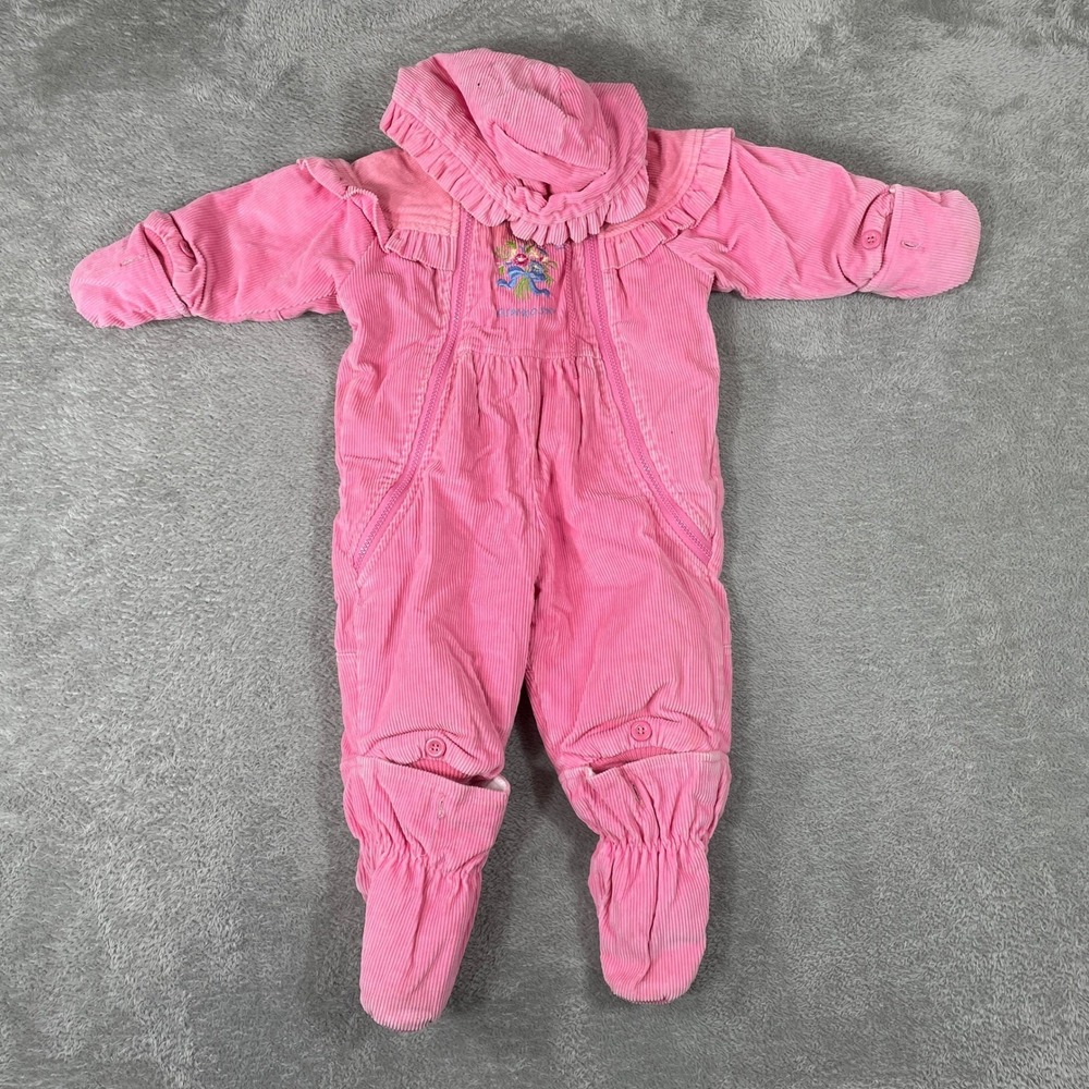 OshKosh Corduroy Snowsuit Baby 12M Pink Floral Hooded Bunting Vintage‎ 90s